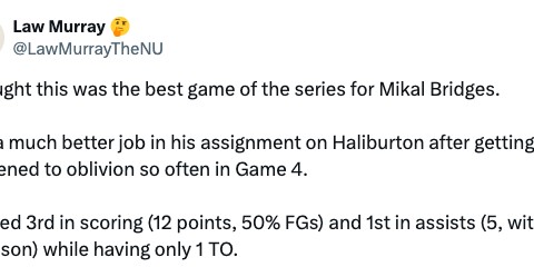 船记：这是布里奇斯本轮发挥最好的一场，防守哈利伯顿做得更好了